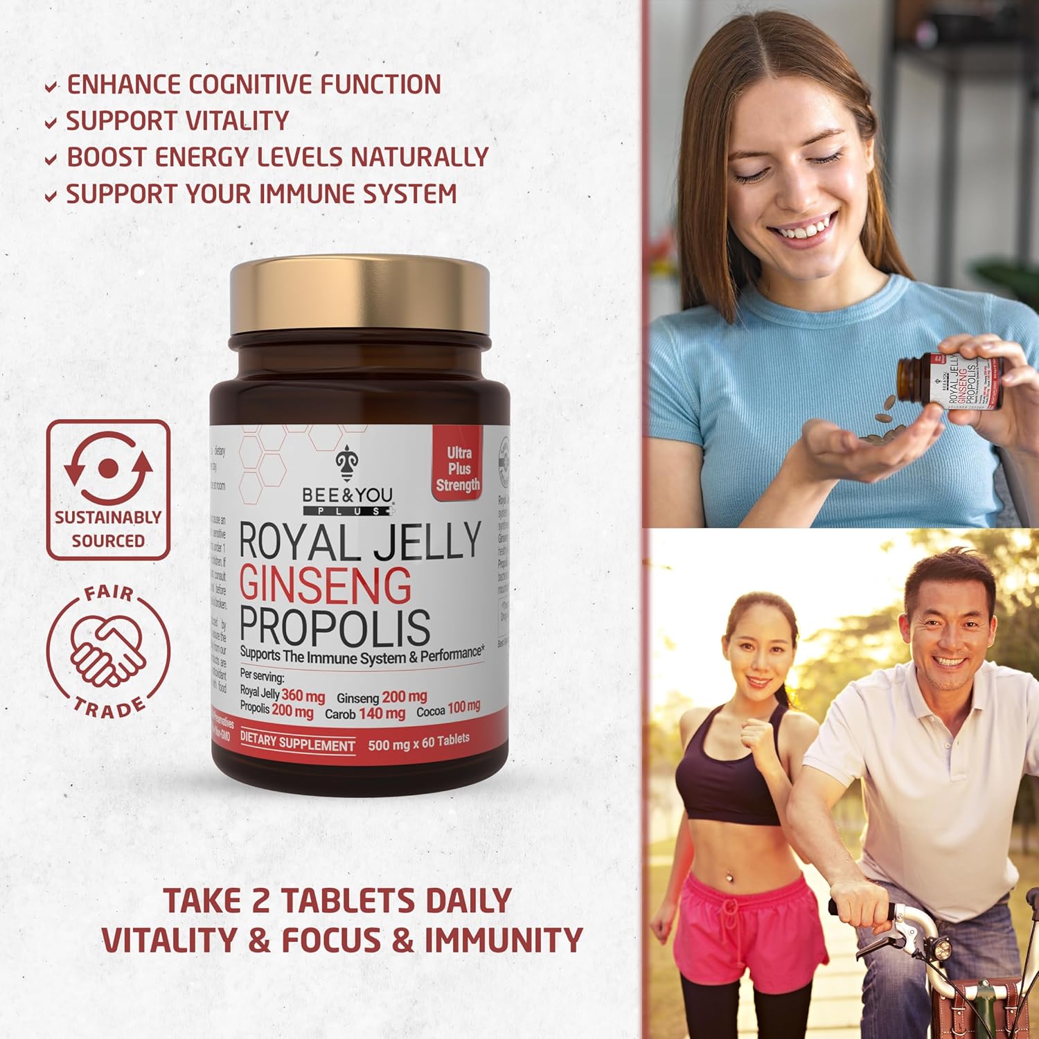 Bee and You Royal Jelly with Ginseng Tablet, Propolis Extract, 60ct, 100% Natural Superfood, Ultra Pure, Immune Support Supplement, Antioxidants, Keto, Paleo, Gluten-Free