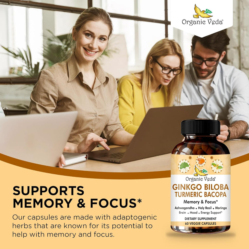 Organic Veda Ginkgo Biloba Turmeric Bacopa Brain Supplement for Memory, Mood & Focus with Ashwagandha - Concentration, Energy & Brain Booster, Healthy Joints & Circulation Support - 60 Vegan Capsule