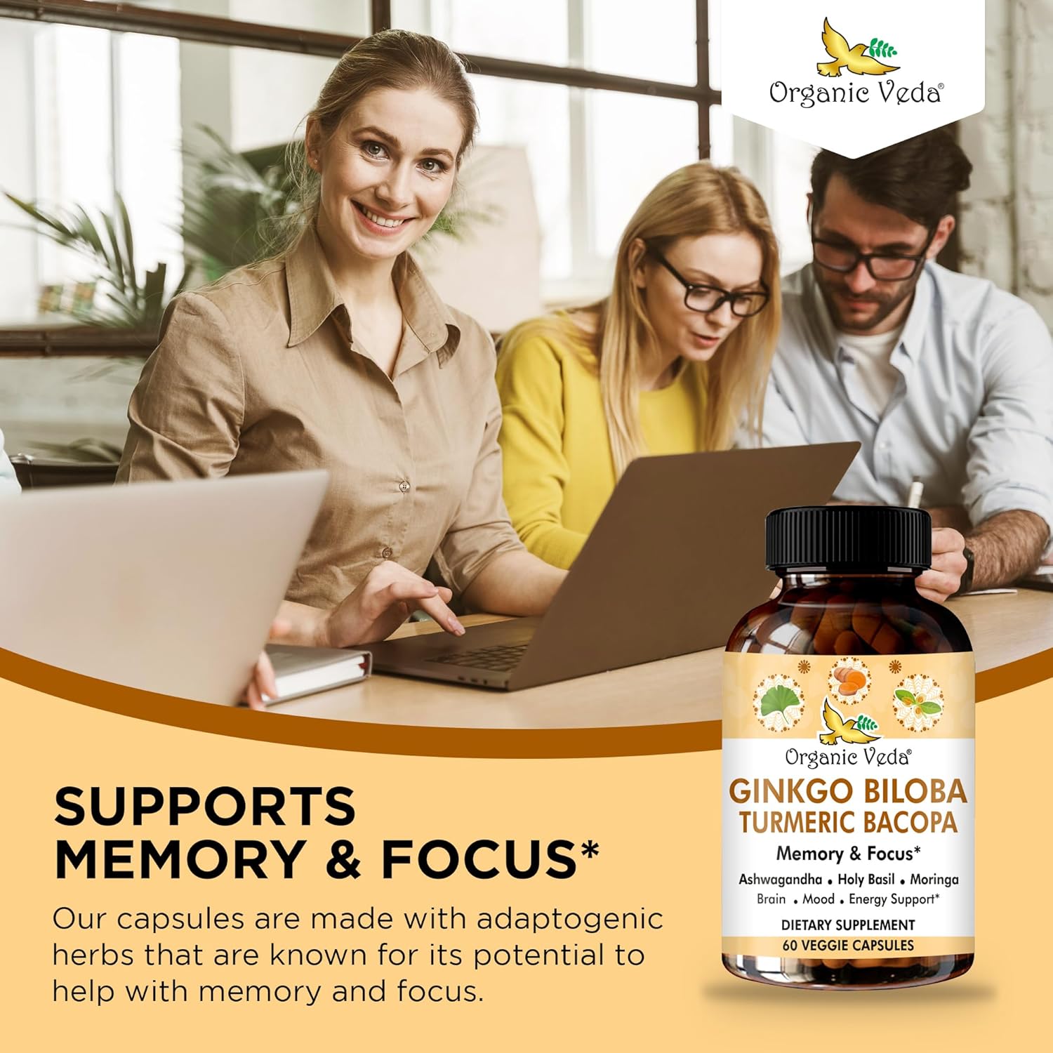 Organic Veda Ginkgo Biloba Turmeric Bacopa Brain Supplement for Memory, Mood & Focus with Ashwagandha - Concentration, Energy & Brain Booster, Healthy Joints & Circulation Support - 60 Vegan Capsule