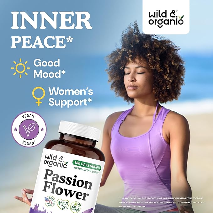 Wild & Organic Passion Flower Capsules 600 mg - Calming & Mood Support - Passionflower Extract Supplement - Passiflora Incarnata Herb - Vegan, No Fillers, Non-GMO - 180 Count