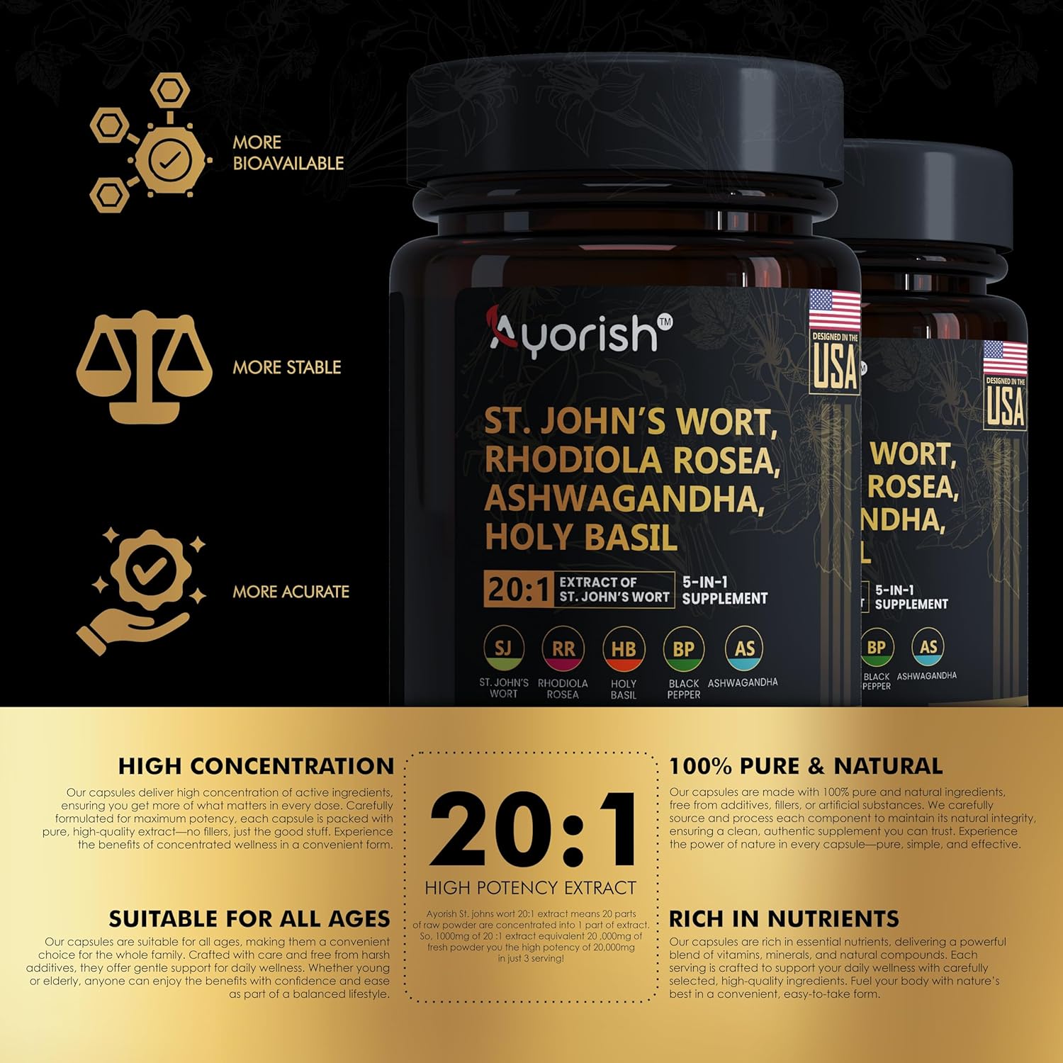 St Johns Wort 20:1, 1000mg, Rhodiola Rosea Holy Basil Ashwagandha - Mood Support for Women and Men with Vitamin C & Black Pepper Extract - 120 Caps