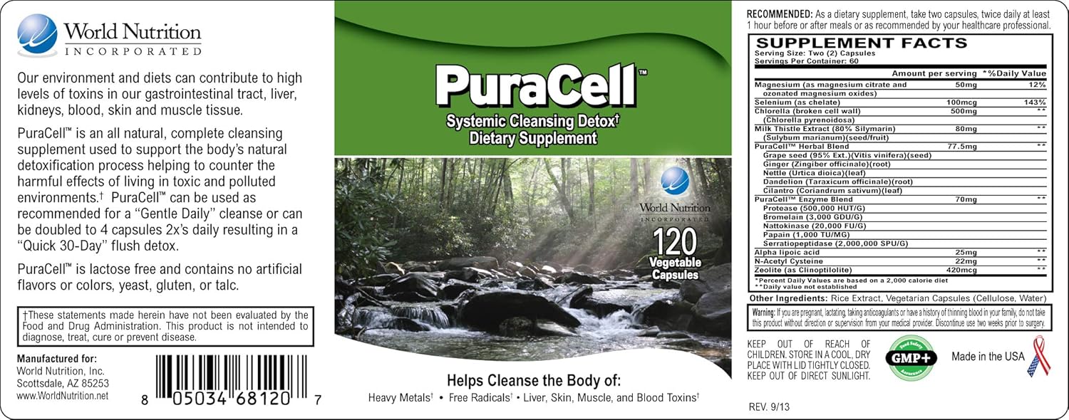 PuraCell Detox Maximum Strength Cleanse Supplement | Powerful, Fast Acting Natural Detoxifier Blend by World Nutrition Helps Reduce Toxic Buildup in Liver & Kidneys, Remove Mycotoxins (120 Count)