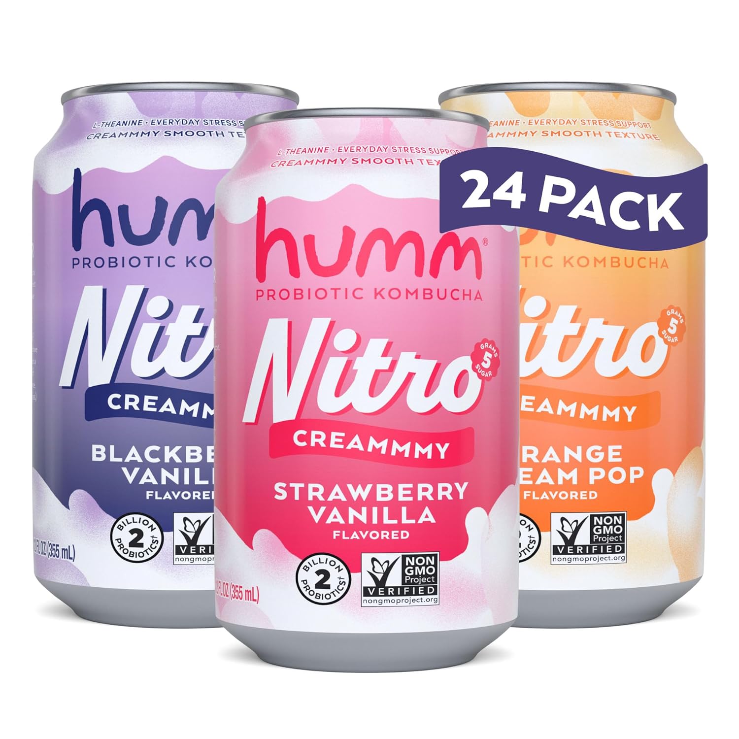 Humm Nitro Kombucha Variety Pack, Creamy Smooth Probiotic Drink with L-Theanine, Includes Blackberry Vanilla, Orange Dream Pop & Strawberry Vanilla, Non-GMO, Vegan, Gluten Free, 12 fl oz (Pack of 24)