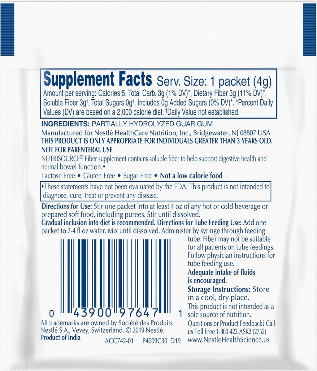 Nestle Nutrisource Fiber Fiber Supplement Unflavored 4 Gram Packet 75 Ct