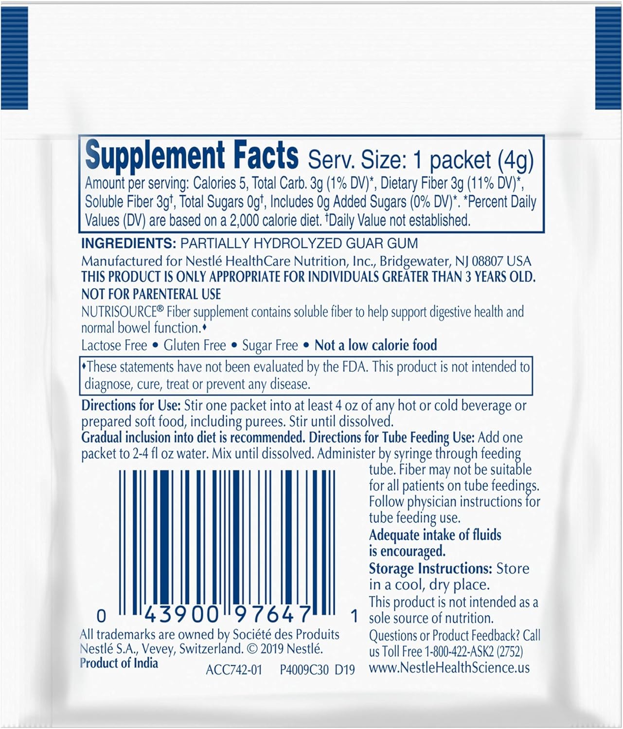 Nestle Nutrisource Fiber Fiber Supplement Unflavored 4 Gram Packet 75 Ct