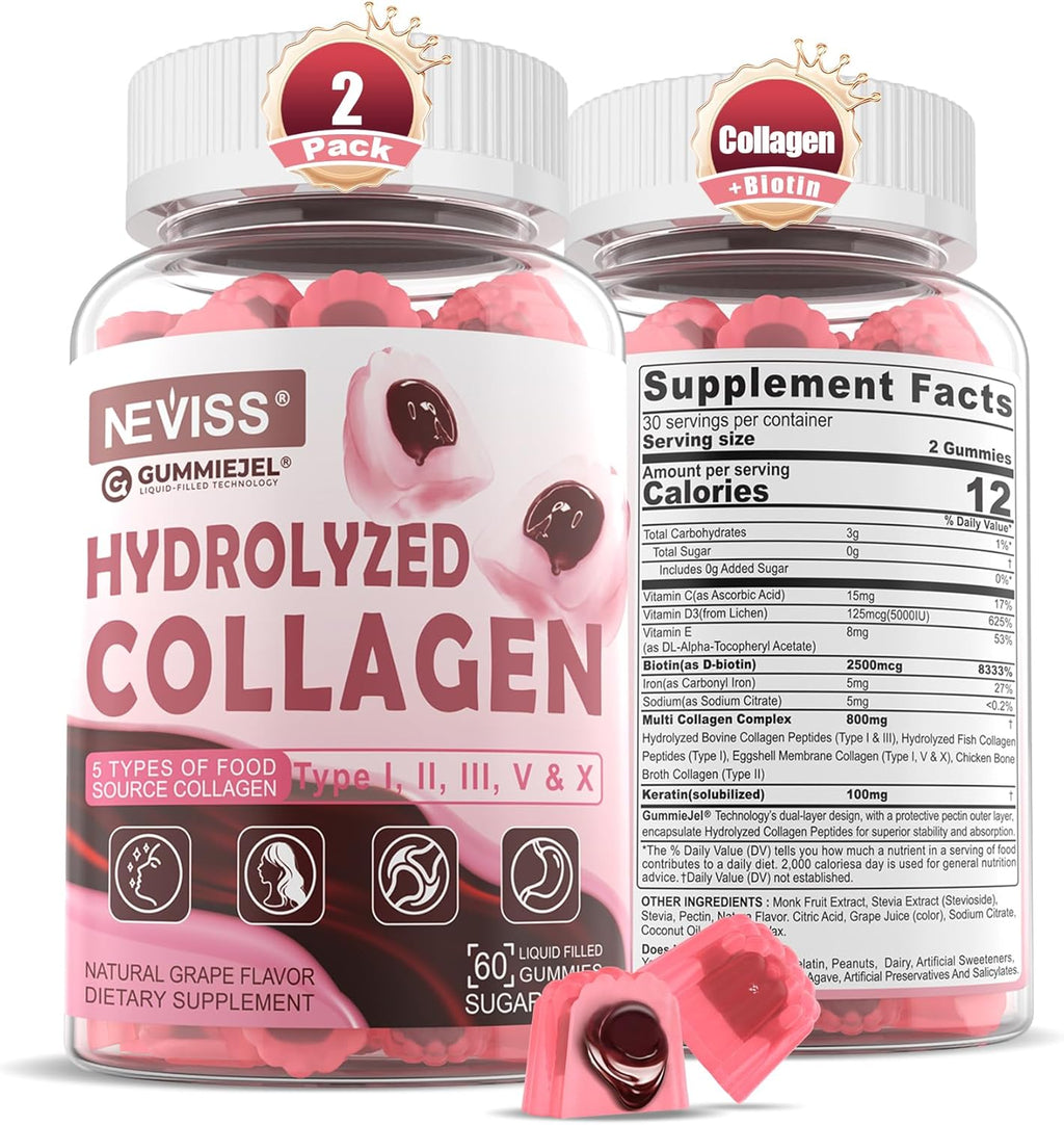 Sugar Free Collagen Peptides Gummies for Women & Men, Hydrolyzed Multi Collagen Type I II III V & X, with 5000IU Vitamin D3 & Biotin Keratin for Skin Hair Nails, Collagen Supplement Gummy, 120Cts