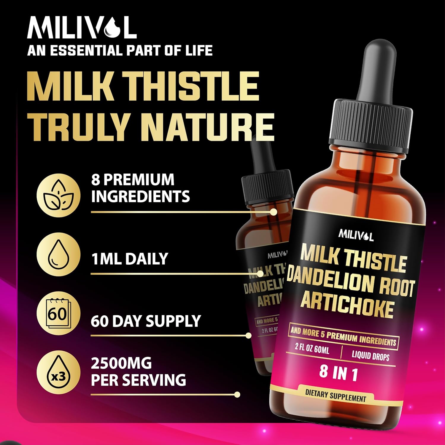 8in1 Milk Thistle Liquid Drops with Dandelion Root Extract, Artichoke Tincture, Turmeric Curcumin, Schisandra Berry, Chanca Piedra, Peppermint and Beet Root - 60 Days Supply - 2 Fl Oz