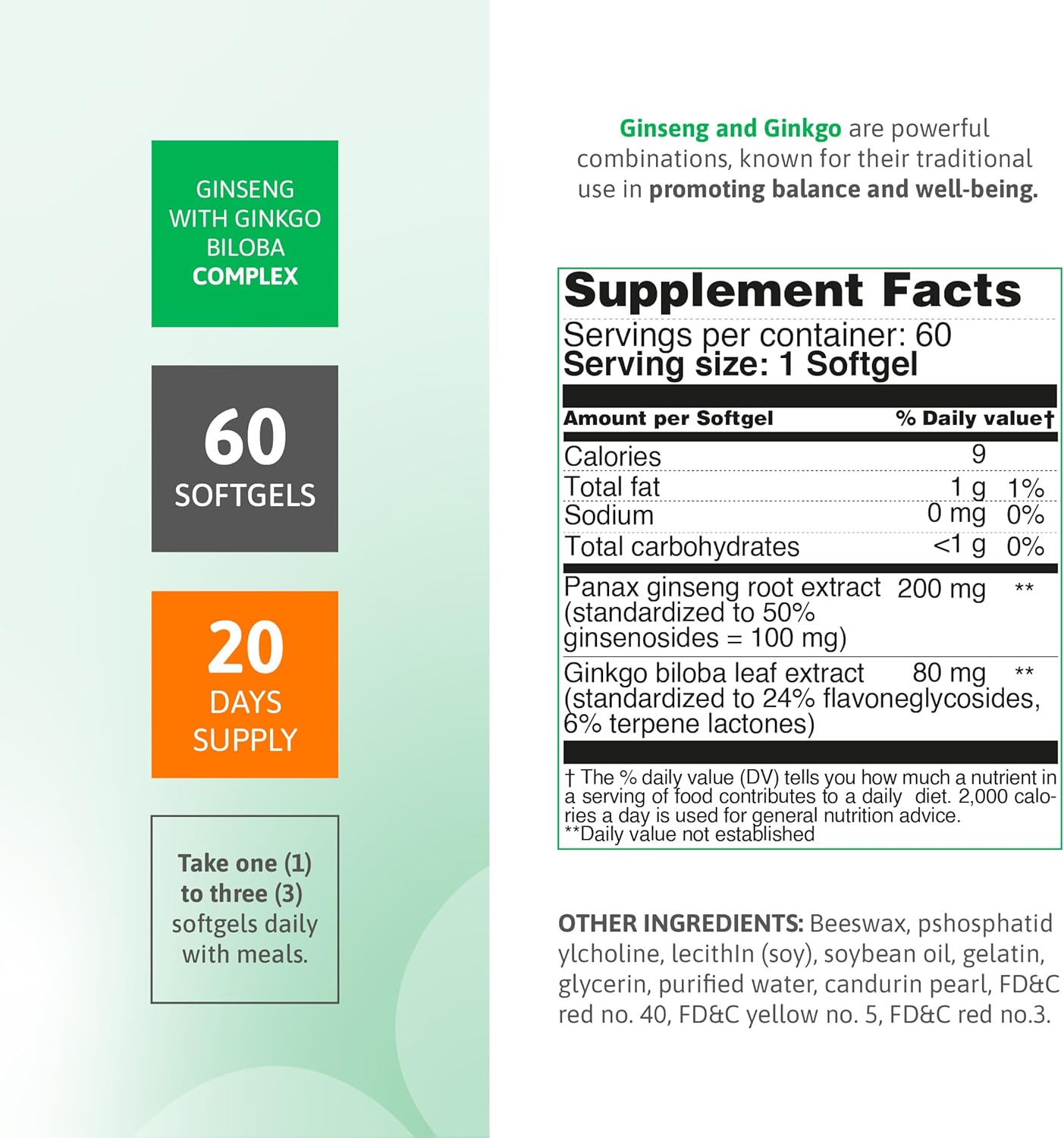 Panax Ginseng Extract 200 mg & Ginkgo Biloba 80 mg Complex – 60 Softgels – Energy and Focus Formula – Ginseng Supplement with Ginkgo for Men and Women – Gluten Free -Active