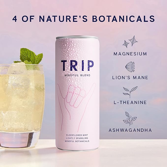 TRIP Lightly Sparkling Adaptogen Seltzer, Non-Alcoholic Mocktail with Magnesium, Ashwagandha, Lions Mane & L Theanine, No Added Sugar, Vegan, Original Variety Pack, 12 Oz, 12Pk