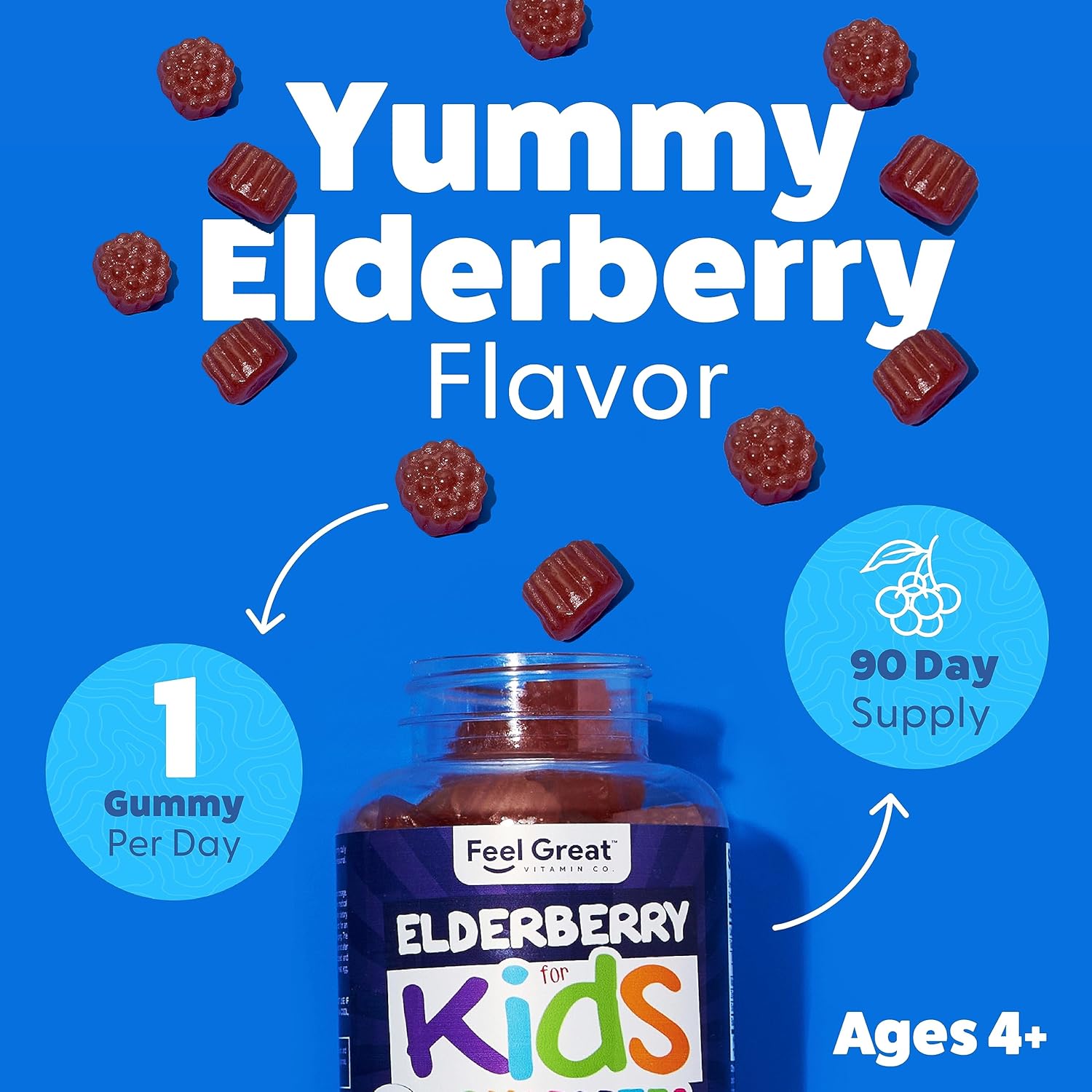 Feel Great Vitamin Co. Elderberry Gummies for Kids | Immune Support | Natural Antioxidant Immune Booster | with Vitamin C and Zinc | Gluten Free & Vegetarian | 90 Gummies