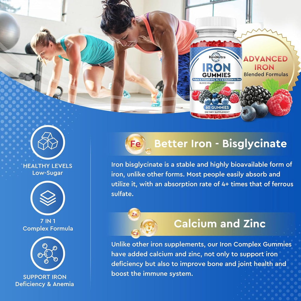 Iron Gummies with Zinc, Calcium, Vitamin C, B6 & B12 | Iron Supplement for Women, Men & Kids | Supports Anemia & Deficiency, Blood Builder & Cell Formation | Chewable Mixed Berry Flavor, 60 Gummies