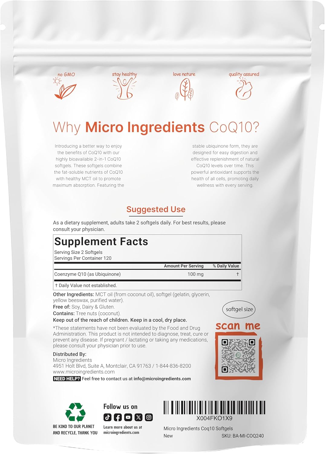 Micro Ingredients CoQ10 100mg Per Serving | 240 Softgels Made with Coconut MCT Oil | High Absorption Coenzyme Q10 as Ubiquinone | Antioxidant Support for Heart & Energy Health | Non-GMO