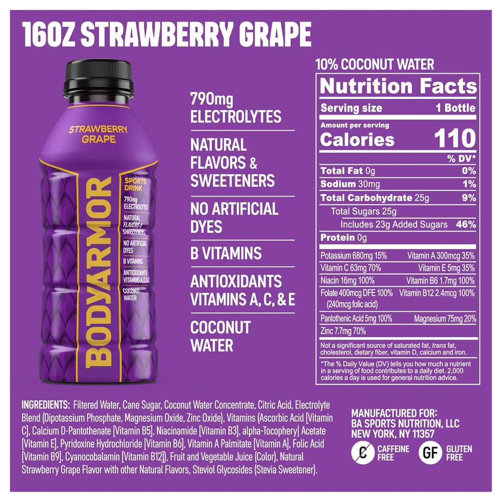 BODYARMOR Sports Drink Sports Beverage, Strawberry Grape, Coconut Water Hydration, Natural Flavors With Vitamins, Potassium-Packed Electrolytes, Perfect For Athletes, 16 Fl Oz (Pack of 12)
