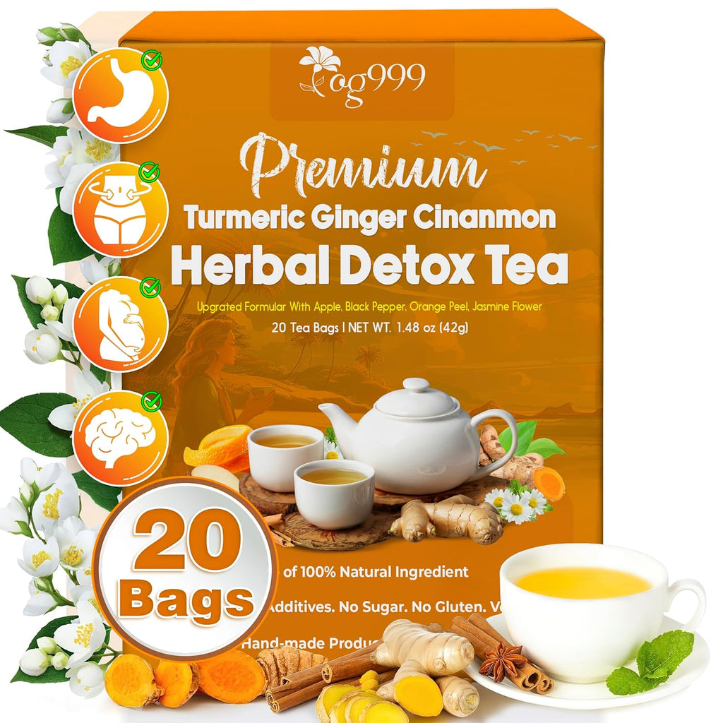TOG999, 20 Tea Bags of Ginger, Turmeric and Cinnamon, Upgraded Version, 100% Natural, Hand-made Blend of Ginger, Turmeric, Cinnamon, Orange Peel, Black Pepper, Stevia Leaves, Jasmine. No Sugar, Vegan.