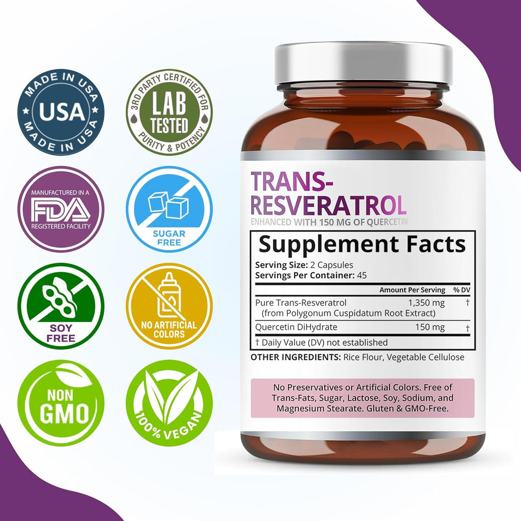 Purity Labs Pure Organic Trans Resveratrol Supplement with Quercetin, Vegan Antioxidant Nutritional Supplements for Heart, Skin, Hair, Nails | Sourced from Japanese Knotweed | 90 Capsules
