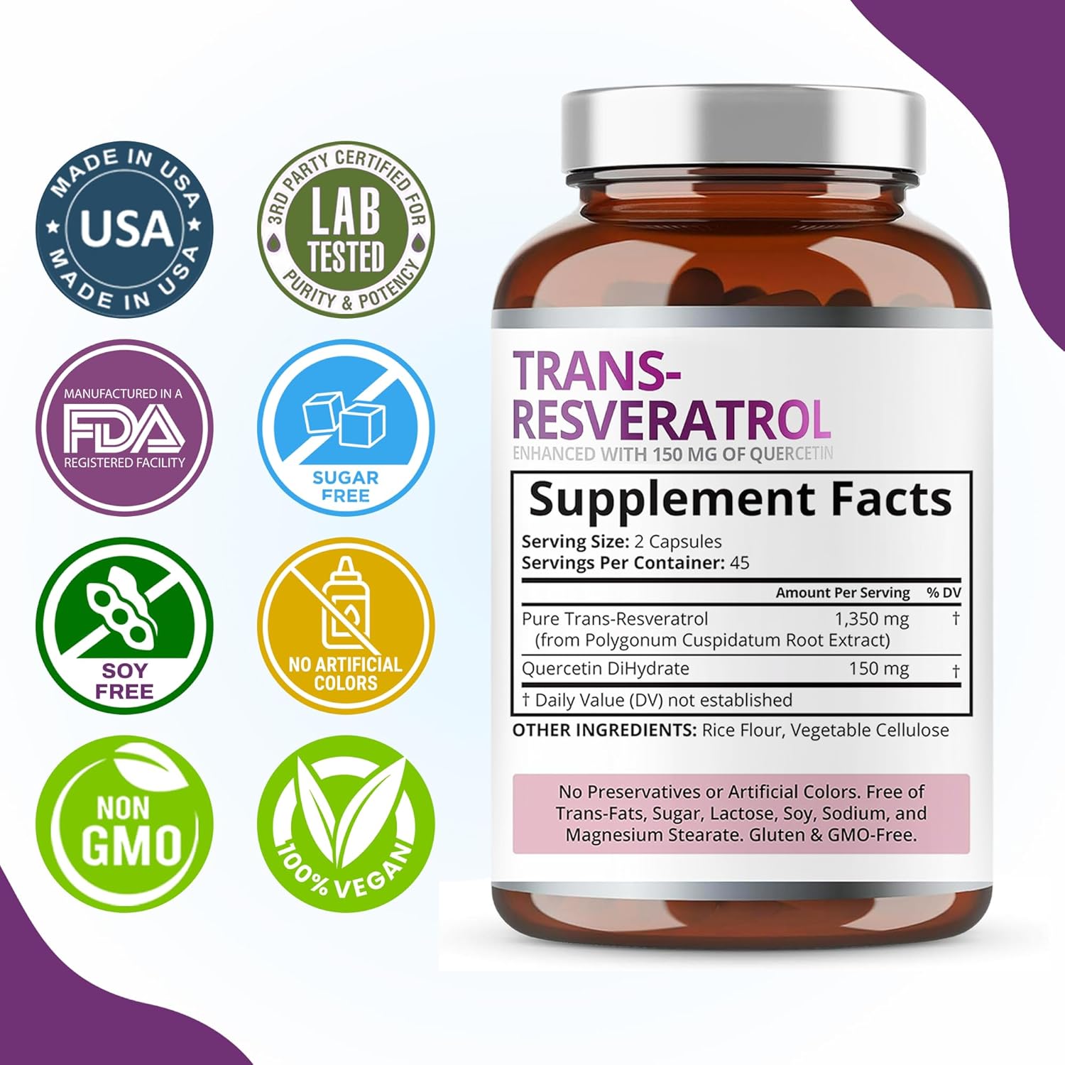 Purity Labs Pure Organic Trans Resveratrol Supplement with Quercetin, Vegan Antioxidant Nutritional Supplements for Heart, Skin, Hair, Nails | Sourced from Japanese Knotweed | 90 Capsules