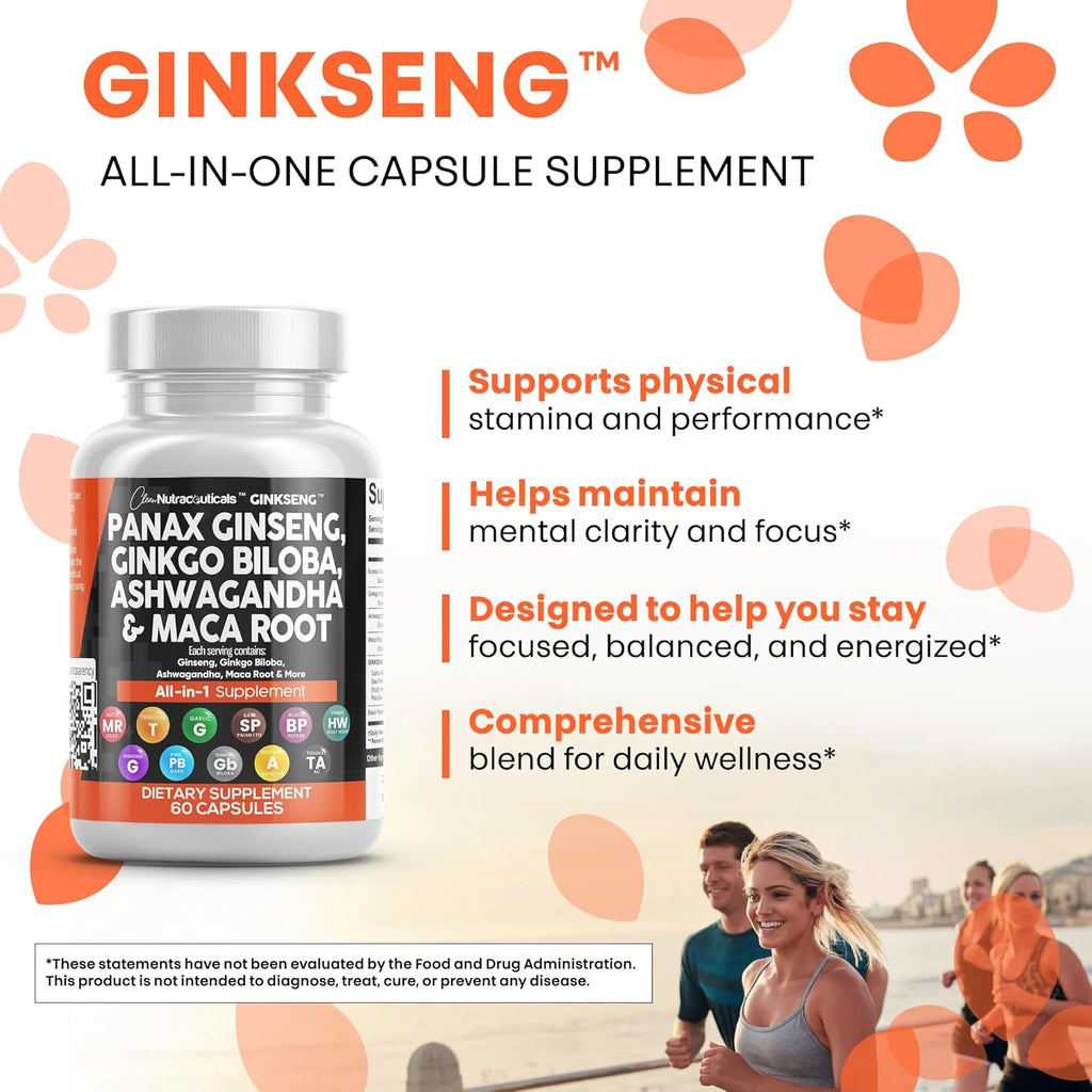 Clean Nutraceuticals Panax Ginseng Ginkgo Biloba Ashwagandha Maca Root - Focus Supplement Pills for Women and Men with Pine Bark Extract, Garlic, and Saw Palmetto - 60 Caps