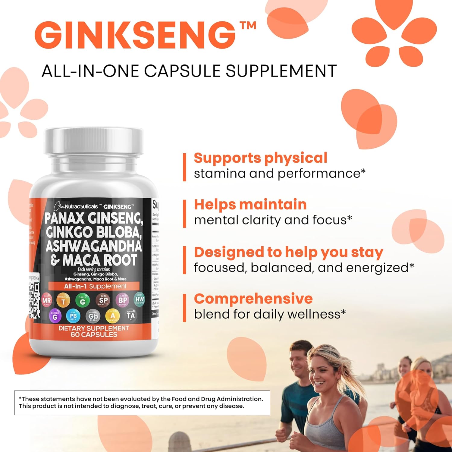 Clean Nutraceuticals Panax Ginseng Ginkgo Biloba Ashwagandha Maca Root - Focus Supplement Pills for Women and Men with Pine Bark Extract, Garlic, and Saw Palmetto - 60 Caps
