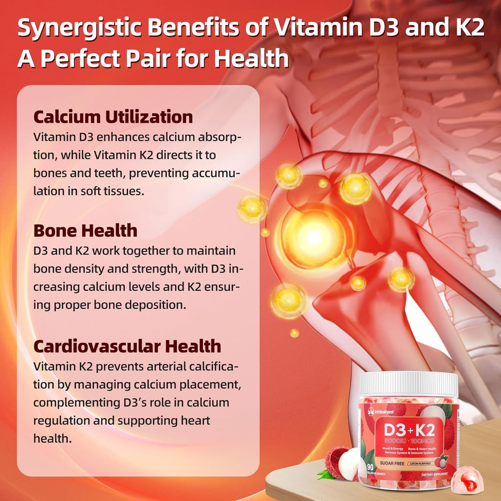 Vitamin D3 K2 Gummies w/Magnesium Sugar Free - 90 Count | D3 Vitamin 5,000 IU + K2(MK-7) 100 mcg - Vegan K2 D3 Vitamin Supplement, Highly Absorbent Supports Bone, Muscle, Mood & Immune(Lychee Flavor)