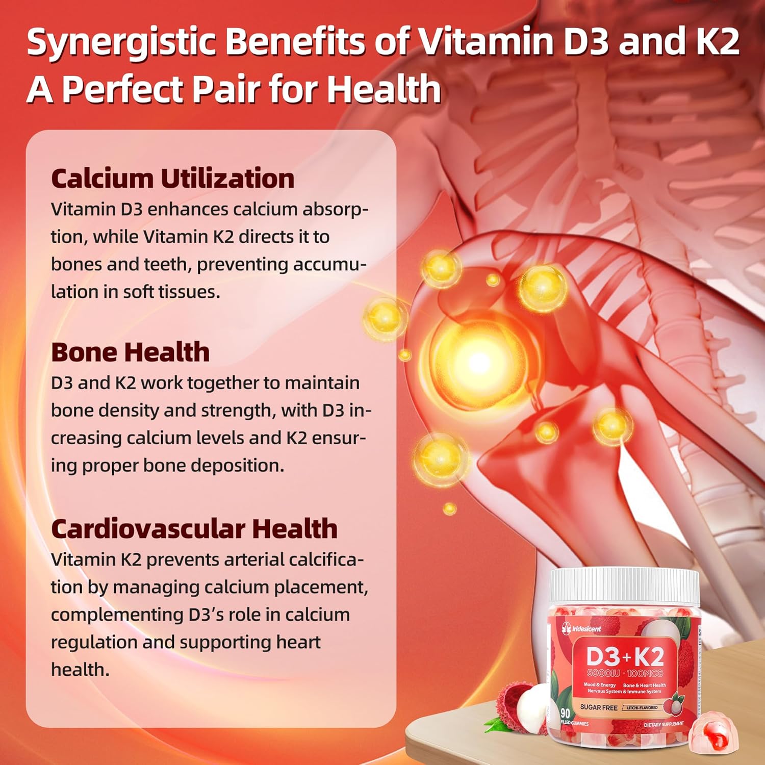 Vitamin D3 K2 Gummies w/Magnesium Sugar Free - 90 Count | D3 Vitamin 5,000 IU + K2(MK-7) 100 mcg - Vegan K2 D3 Vitamin Supplement, Highly Absorbent Supports Bone, Muscle, Mood & Immune(Lychee Flavor)