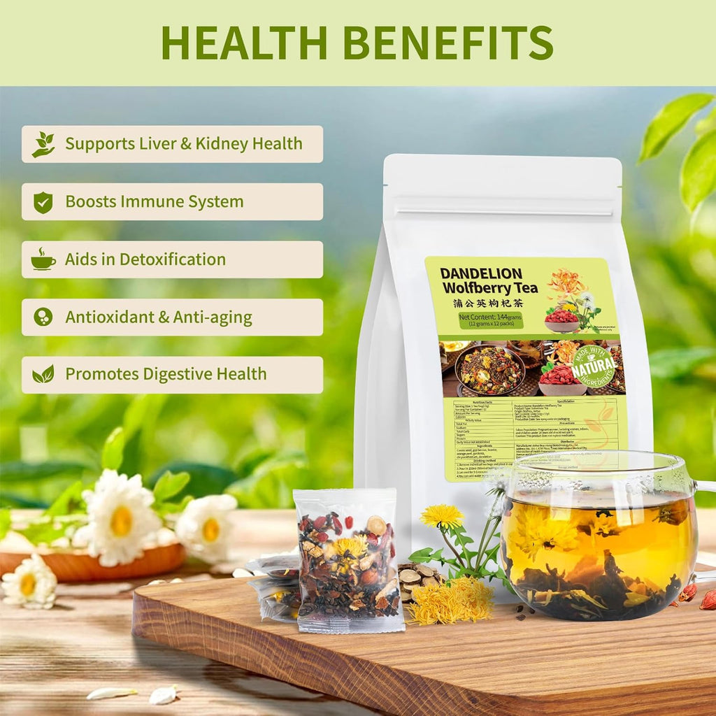 Dandelion Wolfberry Tea Bags, Natural Kidneys & Liver Health Tea with Dandelion, Chrysanthemum, Wolfberry, Cassia Seed, Licorice, Orange Peel, Gardenia, Dandelion Root Tea (2 Pack/24 Bags)