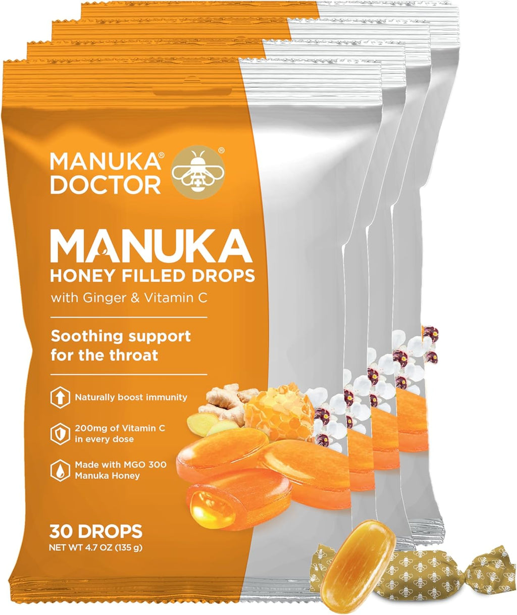 Manuka Doctor Cough Drops, Manuka Middles, 30 Drops Bag (Pack of 4), Throat Lozenges Infused, includes Raw Manuka Honey, Vitamin C, Ginger for Immune Support, Helps Soothe Sore Throat