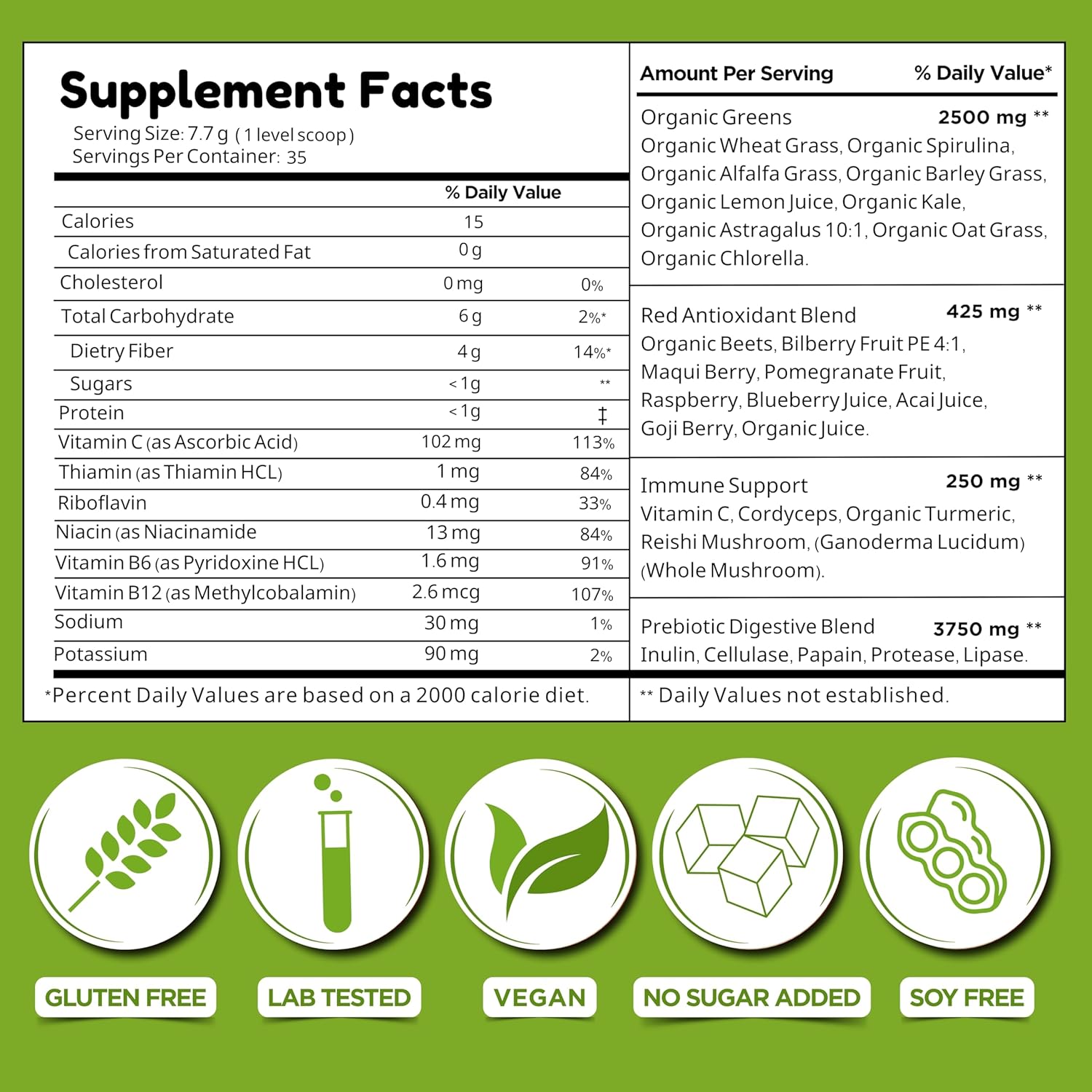 Greens Powder Immune Support, Superfood Blend with 20 Organic Greens & Superfruits, Boost Energy Level, Digestive Enzymes & Prebiotic Blend, Natural Mixed Berry Flavor (9.5 Oz)