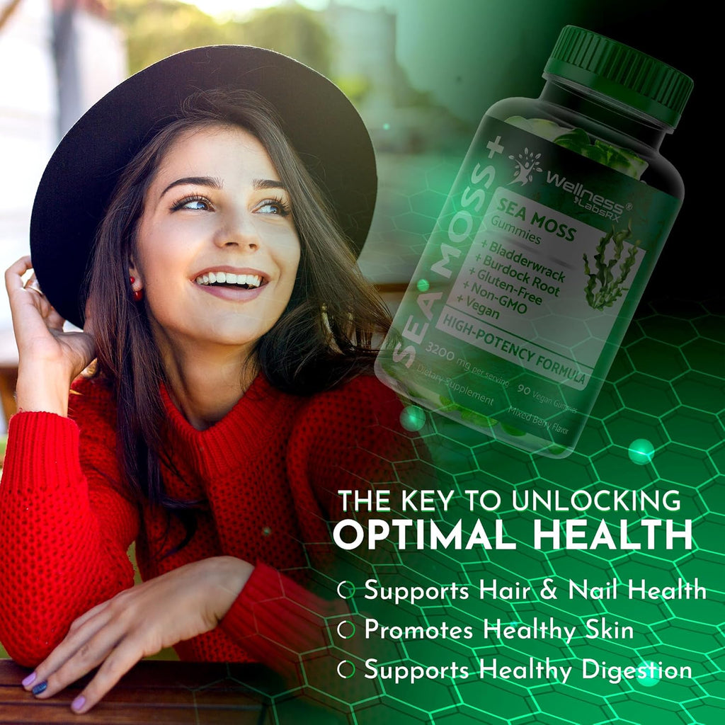Sea Moss Gummies, 3200mg Irish Sea Moss Mixed Berry Flavor with Maximum Potency Bladderwrack and Burdock Root - Supports Skin, Energy and Immunity - 90 Count