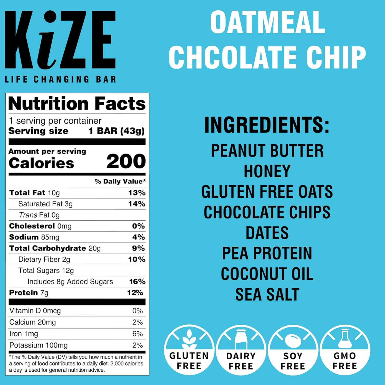 KiZE Energy Bars - Oatmeal Chocolate Chip - 30-Count - Gluten Free, Dairy Free, Non-GMO, and High Protein Meal Replacement Energy Bars, Clean and Simple Food Ingredients - 7g High Protein Snacks (30 Count)