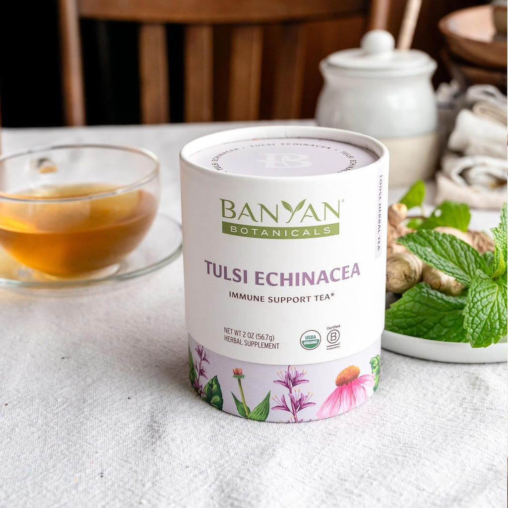 Banyan Botanicals Tulsi Echinacea Tea – Organic Immune Support Tea with Turmeric & Rosehip – Caffeine Free Tea for Healthy Immune Function* – 2 oz. – Non-GMO Sustainably Sourced Herbal Loose Leaf Tea