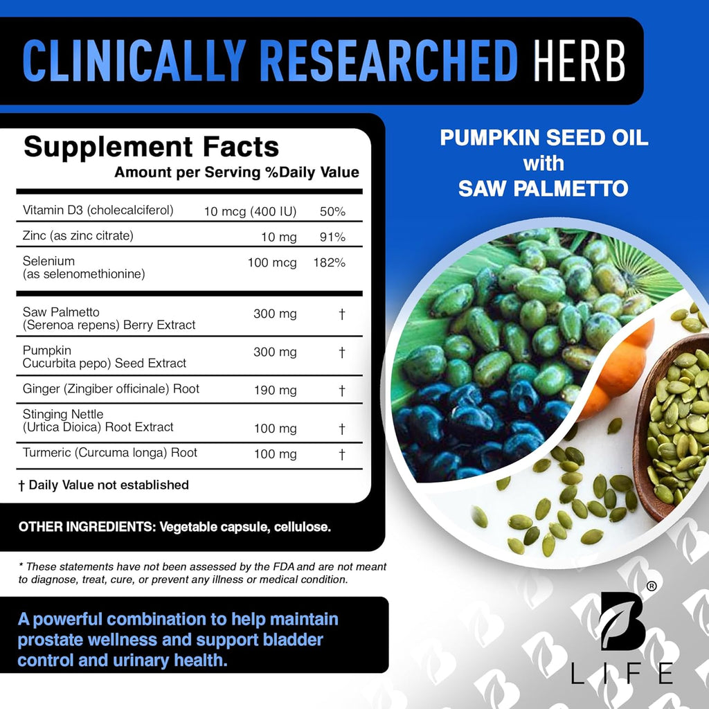 Prostate Health Supplements for Men with Saw Palmetto for Men & Pumpkin Seed Oil Capsules - Stinging Nettle Root| 60 Capsules – 30-Day Supply