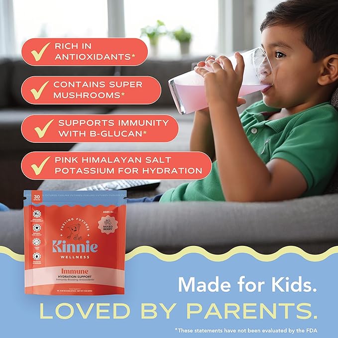 Immune & Hydration Vitamin Mix for Kids - Mixed Berry Flavor - Sugar-Free - Immune Support - Zinc, Vitamin C & D, Electrolytes, & Super Mushroom Blend for Ages 4+ (30 Sticks)