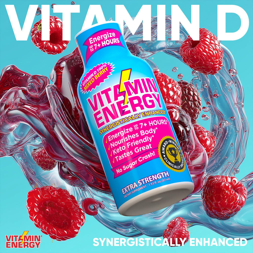 Vitamin Energy Vitamin D Extra Strength Energy Shot Mixed Berry 12 Pack, 260mg Natural Caffeine, B-Complex, Vitamin D, Wellness Support, Keto, Zero Sugar, Gluten-Free Vegan Kosher, 1.93 fl oz