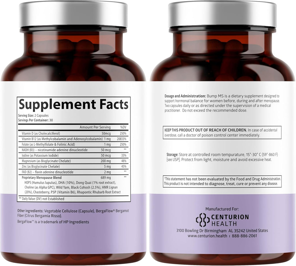 Centurion Labs Bump MS, Complete Herbal Menopause Supplement for Women, 19 Powerful Ingredients with Dong Quai, Black Cohosh, Folinic Acid, Methylfolate, Wild Yam, Choline and DHA, 60 Caps