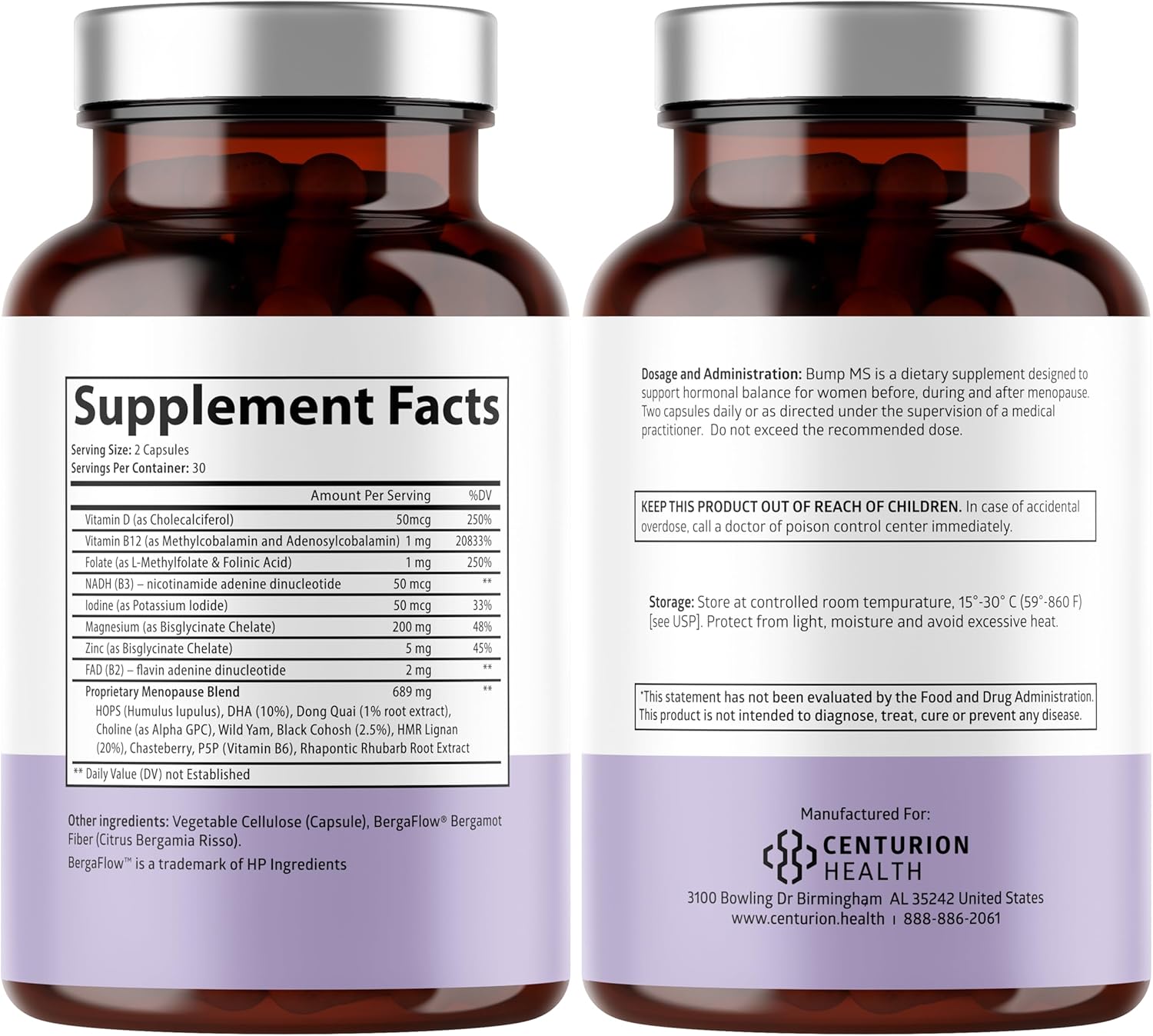 Centurion Labs Bump MS, Complete Herbal Menopause Supplement for Women, 19 Powerful Ingredients with Dong Quai, Black Cohosh, Folinic Acid, Methylfolate, Wild Yam, Choline and DHA, 60 Caps