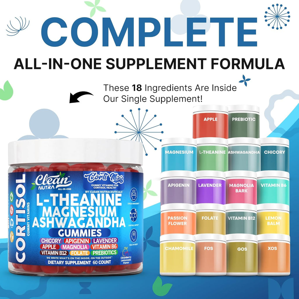 Clean Nutra L-Theanine Magnesium Ashwagandha Cortisol Gummies Apigenin Vitamin B6 Sleep Aid Calm Stress Relief Support Cortisol Management Supplement Lavender Chicory Prebiotic Advanced Gummy Formula