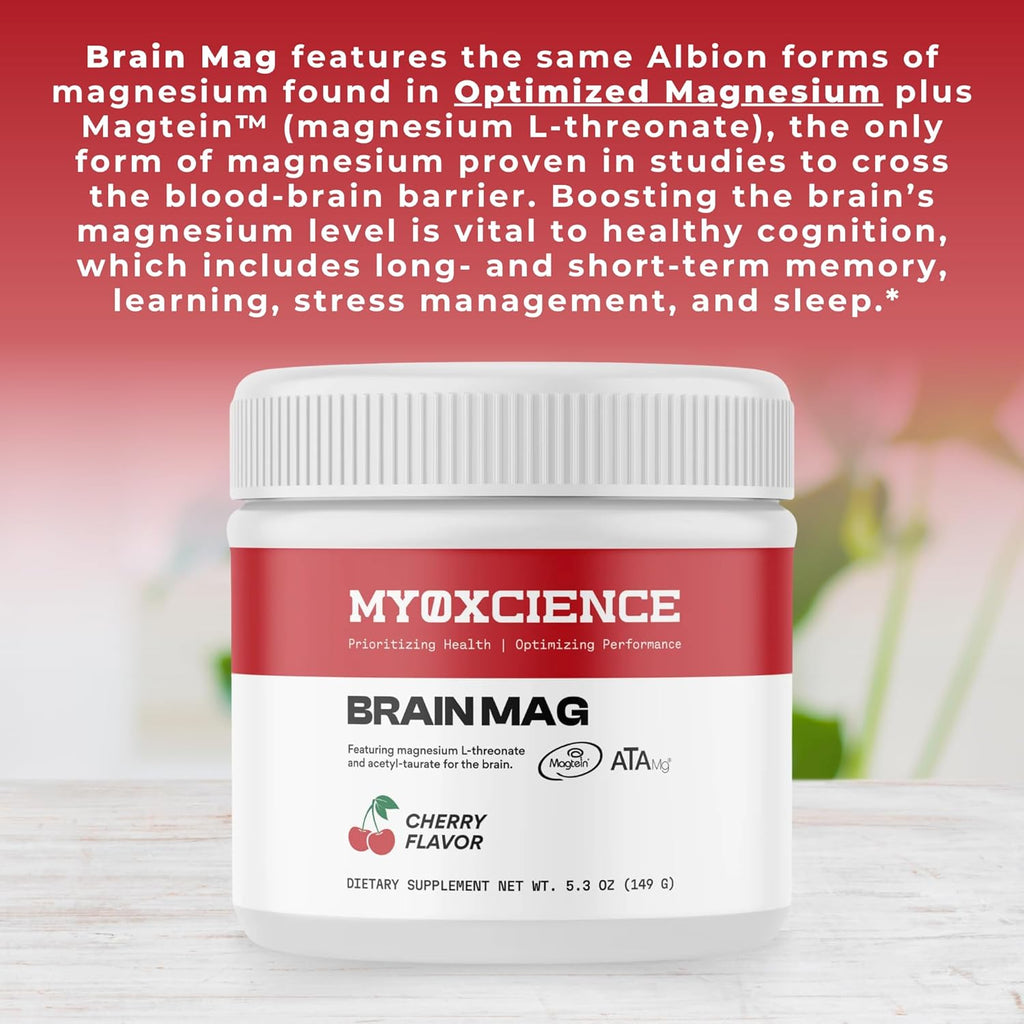 Brain Mag Magnesium L-Threonate (Magtein) w/Mag Taurate (ATA Mag) Mag Glycinate for Brain Support | 60 Servings (Cherry)