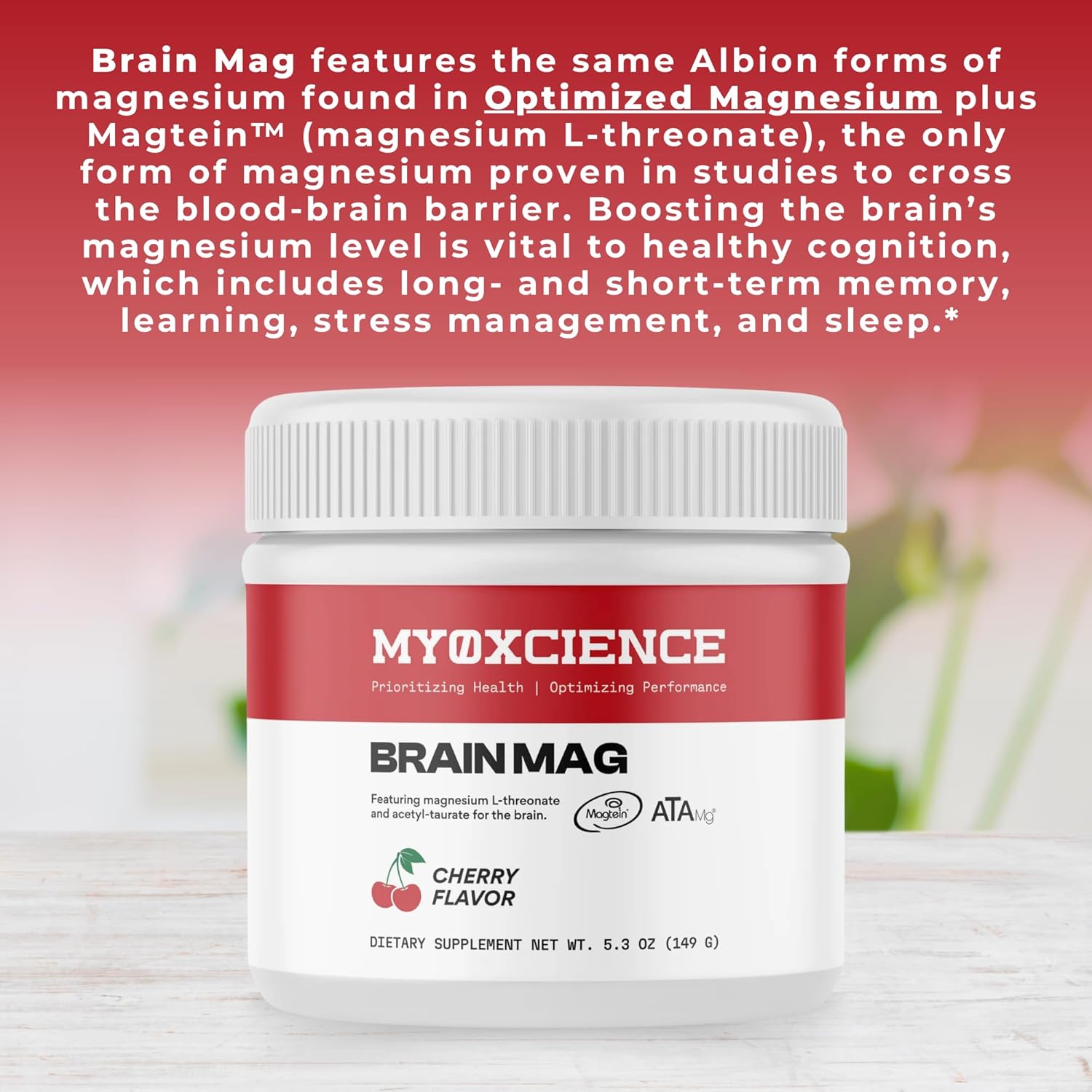 Brain Mag Magnesium L-Threonate (Magtein) w/Mag Taurate (ATA Mag) Mag Glycinate for Brain Support | 60 Servings (Cherry)