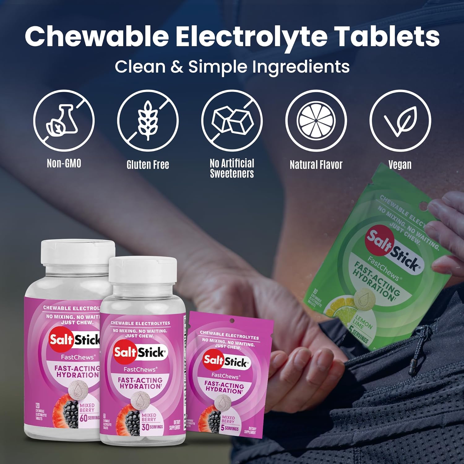 SaltStick Electrolyte FastChews - 60 Mixed Berry Chewable Electrolytes - Salt Tablets for Running and Hydration, Electrolyte Chews - 60 Count