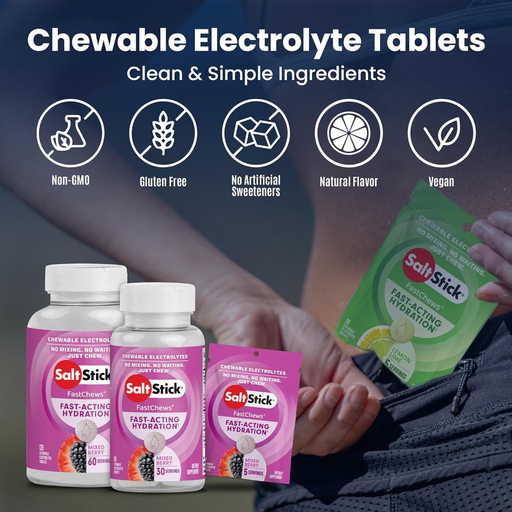 SaltStick Electrolyte FastChews - 120 Count Mixed Berry Flavor - Electrolyte Tablets for Hydration, Salt Tabs - 10 Count (Pack of 12)