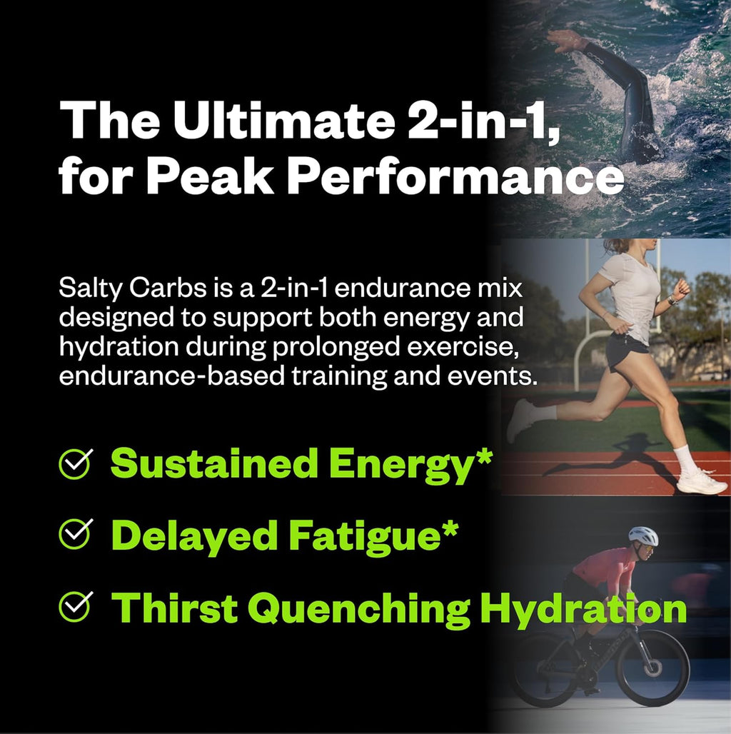 Salty Carbs Electrolyte Drink Mix 30g Dual-Action Carbs + 700mg Sodium – Endurance Fuel for Runs, Rides and Races – Gluten-Free, Dairy-Free, Non-GMO (30 Servings, Melon)