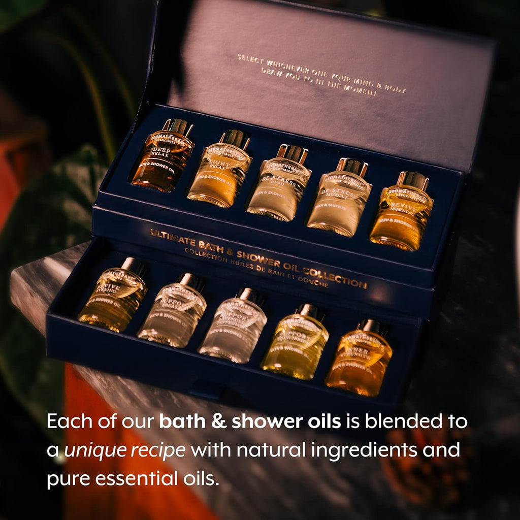 Aromatherapy Associates Essential Oil Blends – Luxury Body and Shower Oils for Dry Skin and Daily Aromatherapy, 10-Pack (0.30 fl oz Each) in Decorative Gift Box