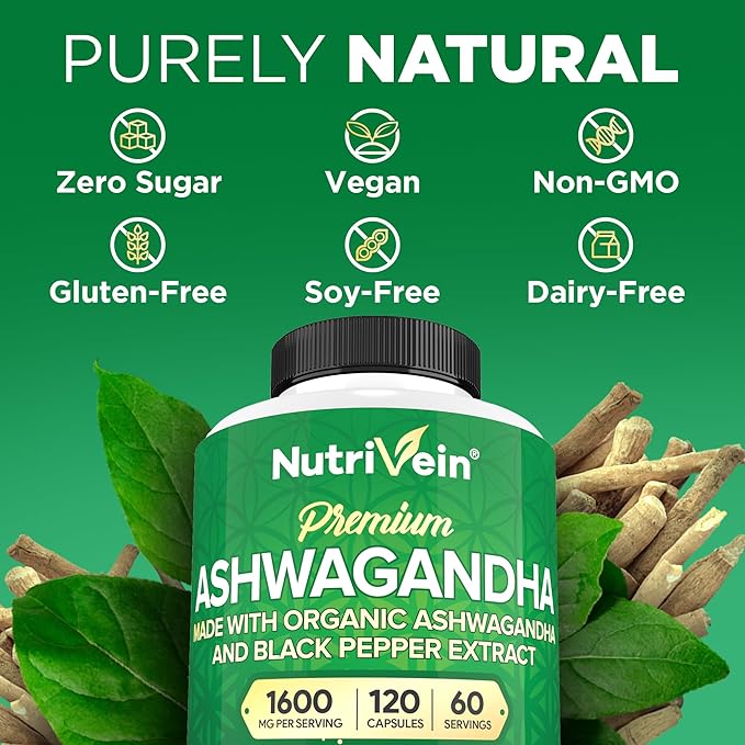 Nutrivein Ashwagandha for Men & Women - 1600mg - Enhanced with Black Pepper - High-Absorption Root Powder Ashwagandha Supplements for Mood Balance, Restful Sleep, & Focus - 120 Vegan Capsules