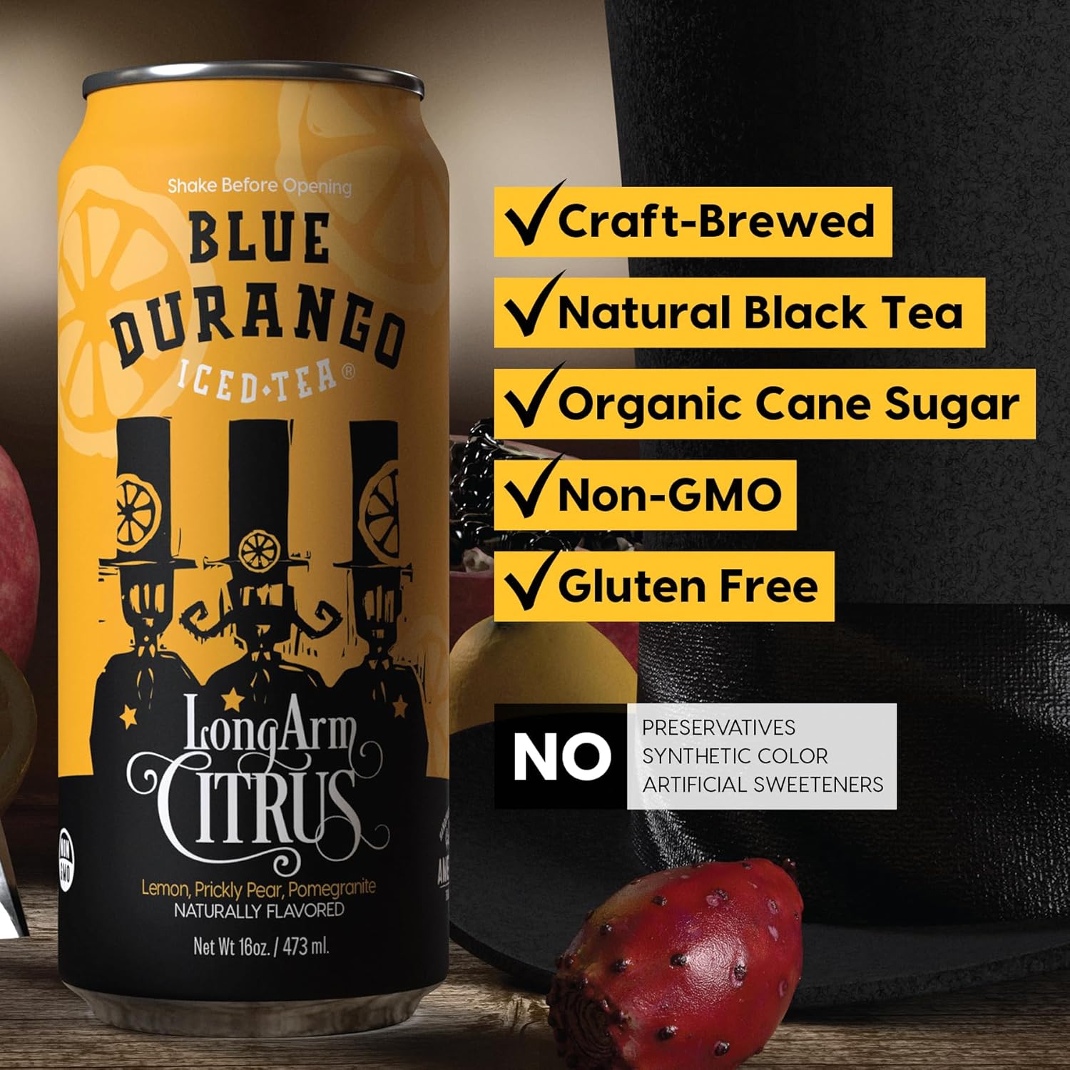Blue Durango Iced Tea - Long Arm Citrus - Black Tea, Lemon, Prickly Pear, Pomegranate - Low Sugar, Non-GMO, No Artificial Sweeteners, Gluten-Free - All Natural Ingredients - 16 oz Cans (12 Pack)