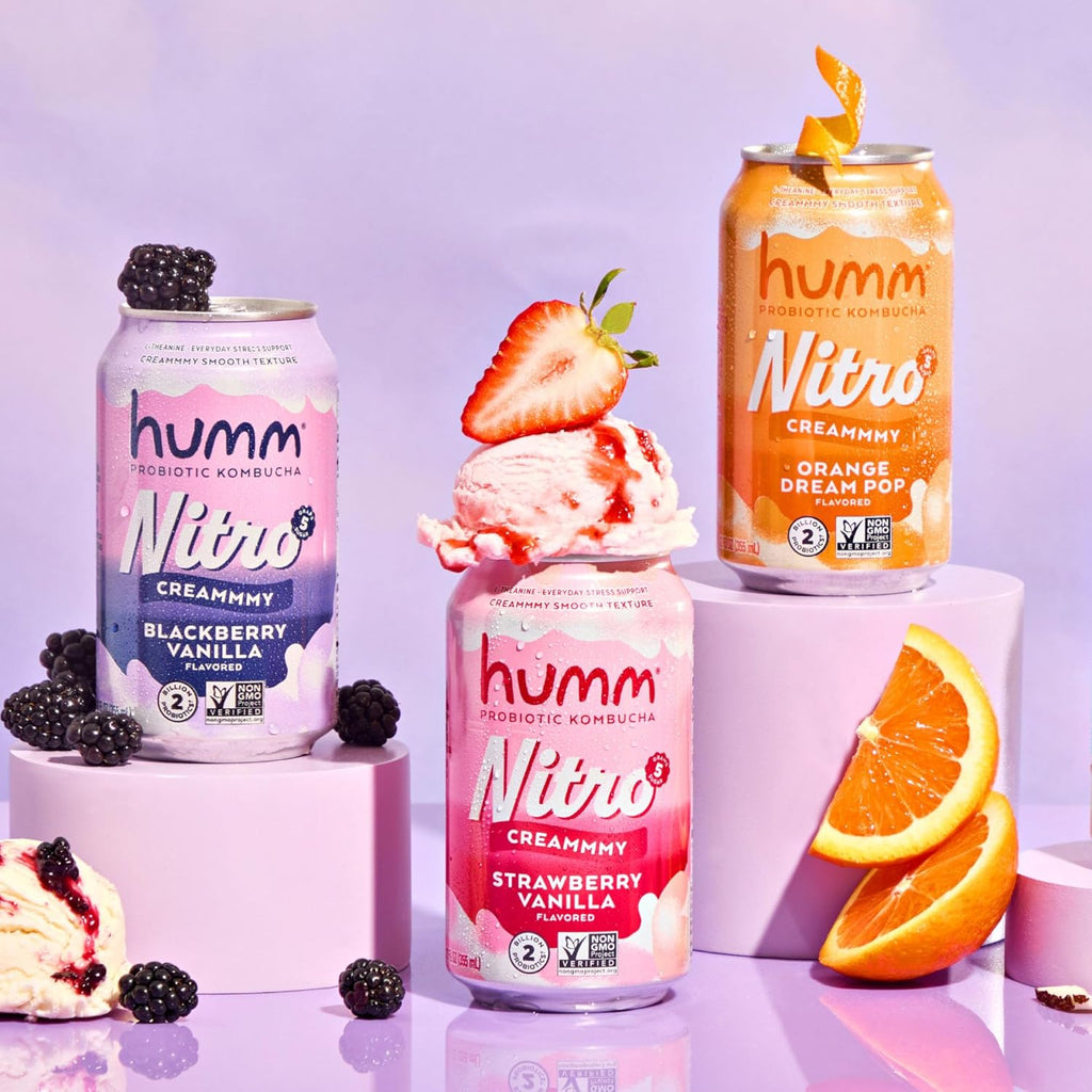 Humm Nitro Kombucha Variety Pack, Creamy Smooth Probiotic Drink with L-Theanine, Includes Blackberry Vanilla, Orange Dream Pop & Strawberry Vanilla, Non-GMO, Vegan, Gluten Free, 12 fl oz (Pack of 24)