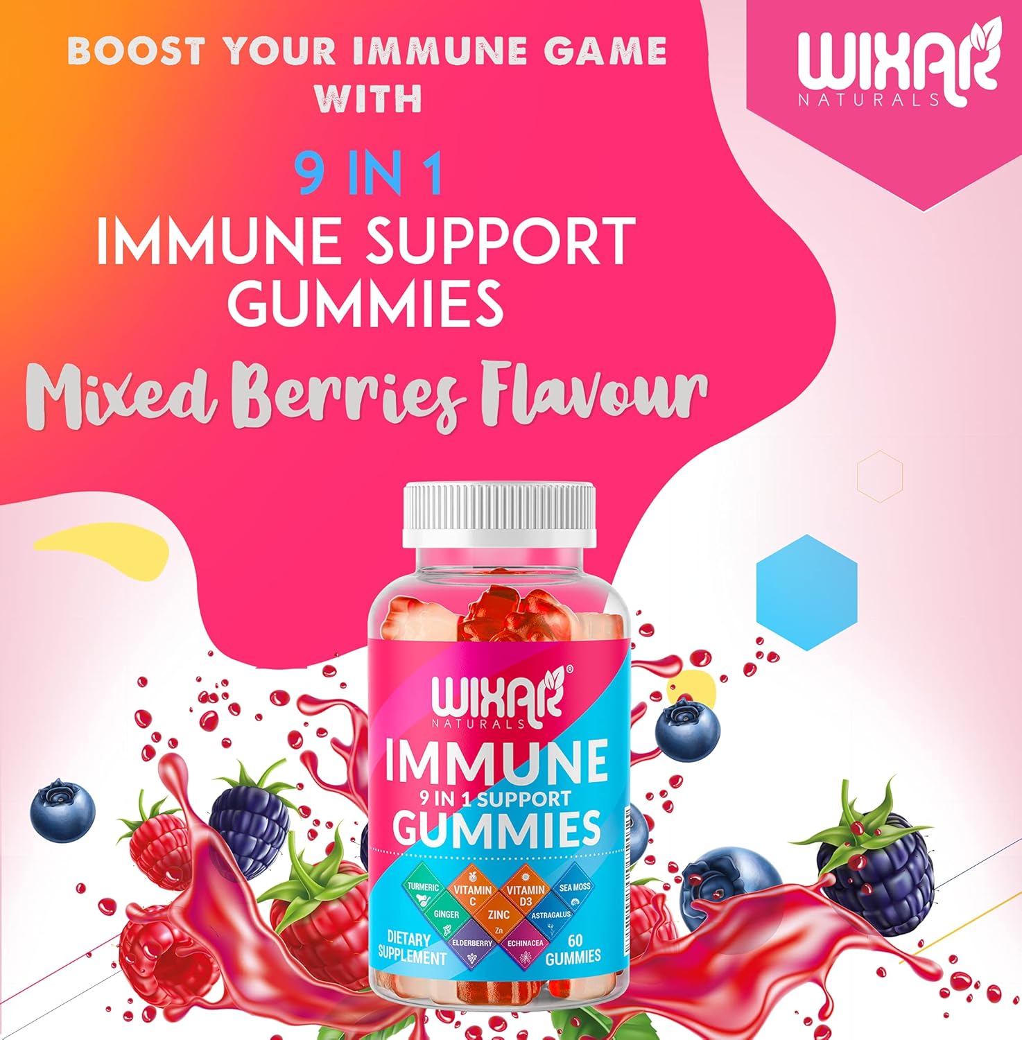 9 in 1 Immune Support Gummies with Elderberry, Vitamin C&D, Zinc, Turmeric, Ginger, Echinacea, Astragalus & Sea Moss for Immunity Supplement - 60 Gummies