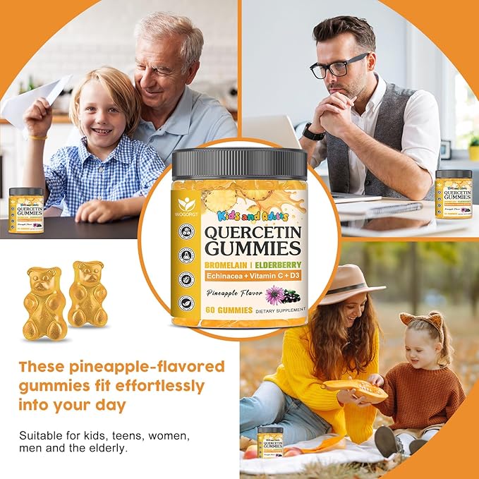 Quercetin Gummies with Bromelain for Adults & Kids - 800mg Quercetin with Bromelain, Elderberry, Vitamin C, D3 - Immune, Seasonal Wellness Support - Sugar Free, Vegan, Pineapple Flavor, 60 Ct (2 Pack)