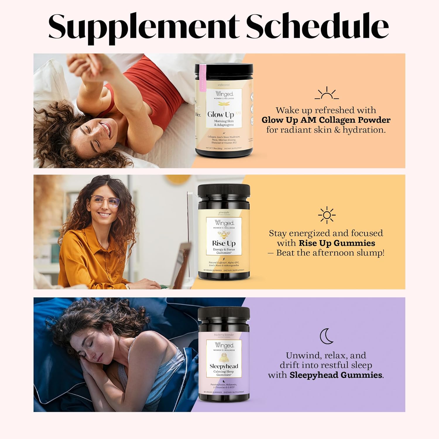Winged Wellness Glow Up AM, Collagen Powder for Women - Morning Beauty Supplement for Glowing Skin with Grass-Fed Hydrolyzed Collagen Peptides, Lion's Mane & Maca Root - 21 Servings, Unflavored