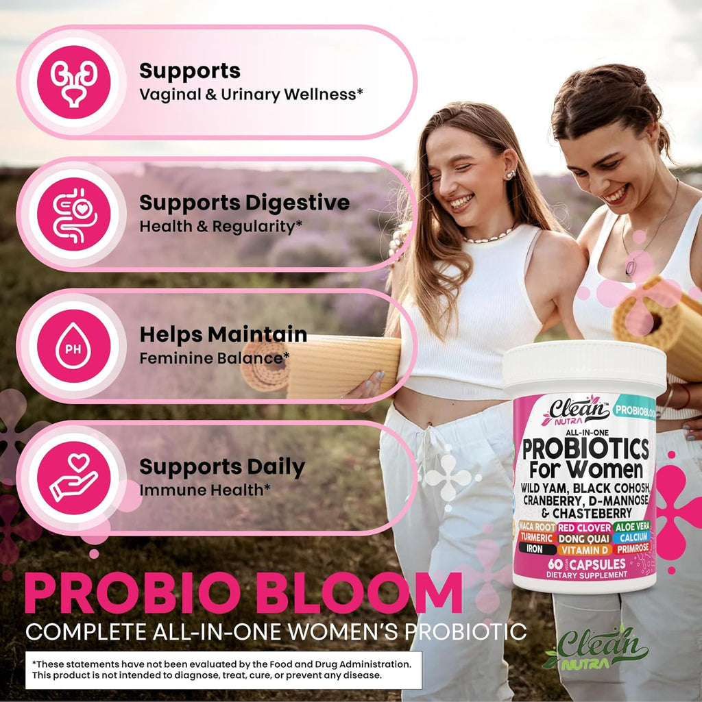 Clean Nutraceuticals Probiotics for Women with D Mannose, Cranberry Extract, Wild Yam, Chasteberry - 20 Probiotic and Prebiotic Strains - PH Balance, Womens Probiotic for Digestive Health - 60 Count