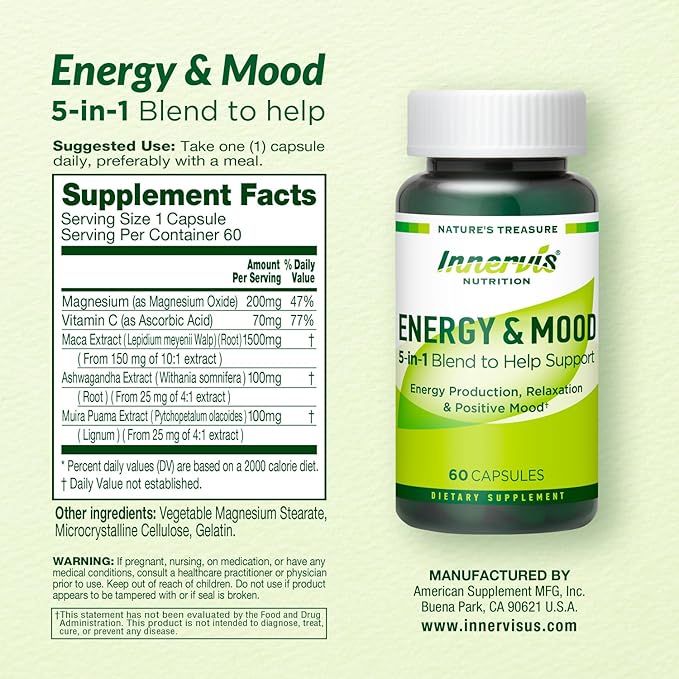 Energy & Mood Supplement – Boost Energy & Reduce Fatigue, Support Relaxation – 60 Capsules – Non-GMO, 3rd Party Tested – Innervis Nutrition